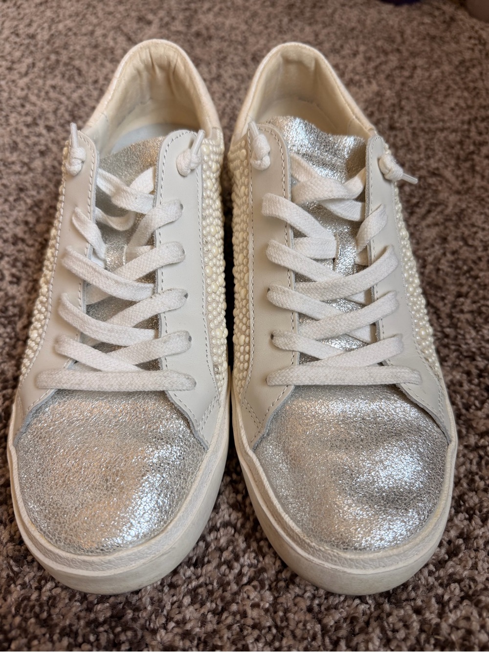 Women's Dolce Vita Metallic Silver Pearl-Embellished Lace-Up Sneakers